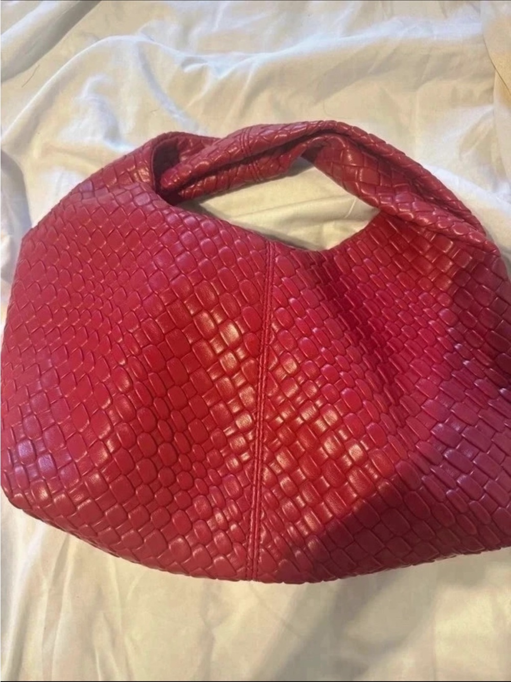Textured Red Woven Hobo Bag with Soft Shoulder Handle